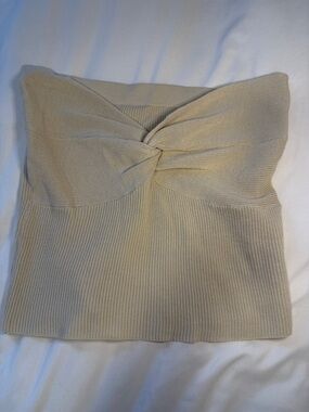 Twist Front Strapless Knit Top in Beige